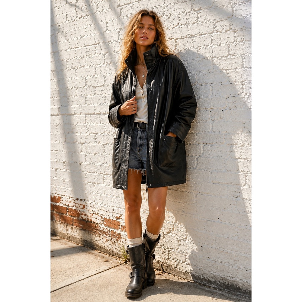 Vintage Wilsons Black Leather Longline Coat Distressed High Neck Oversized XL